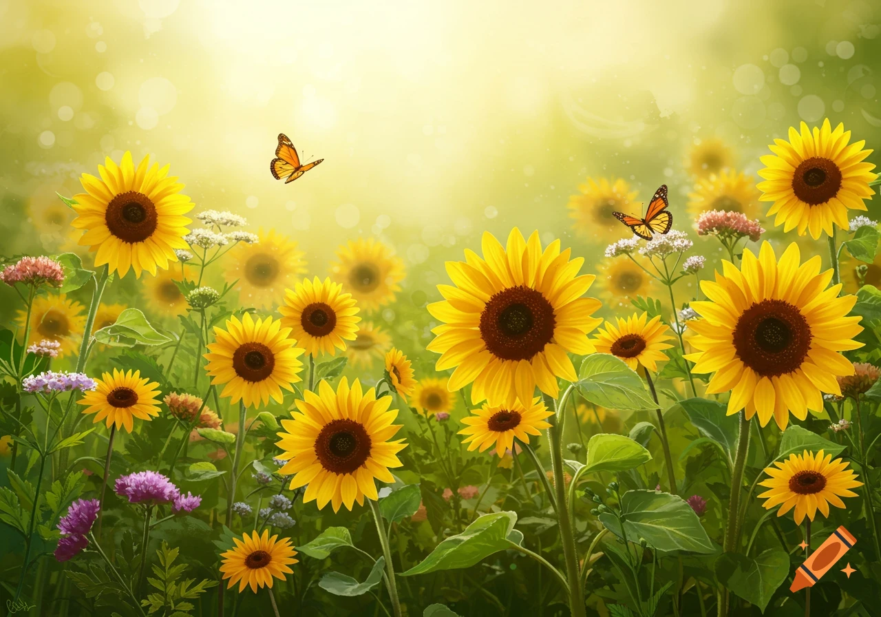 A field of bright yellow sunflowers with orange butterflies in a sunny garden.