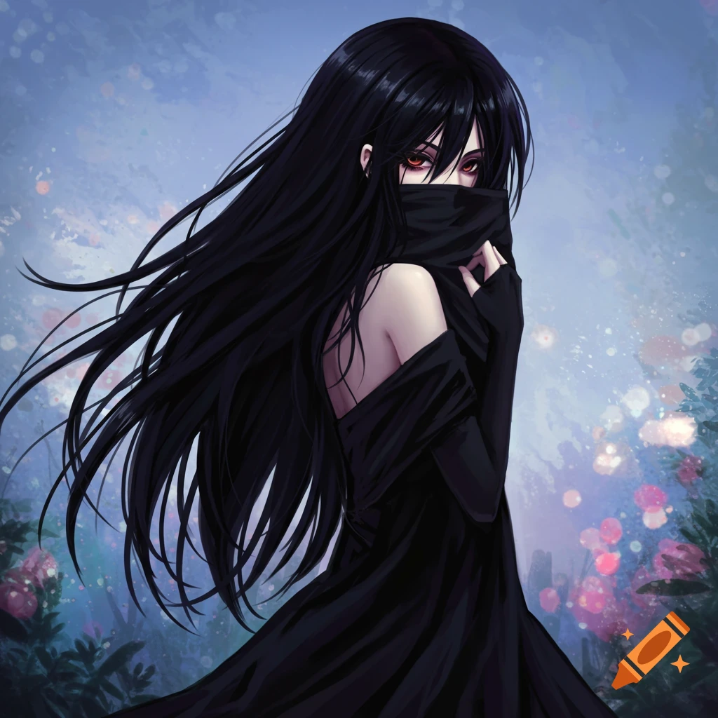 An anime girl with long black hair covering her face with a black cloth, wearing a black dress.