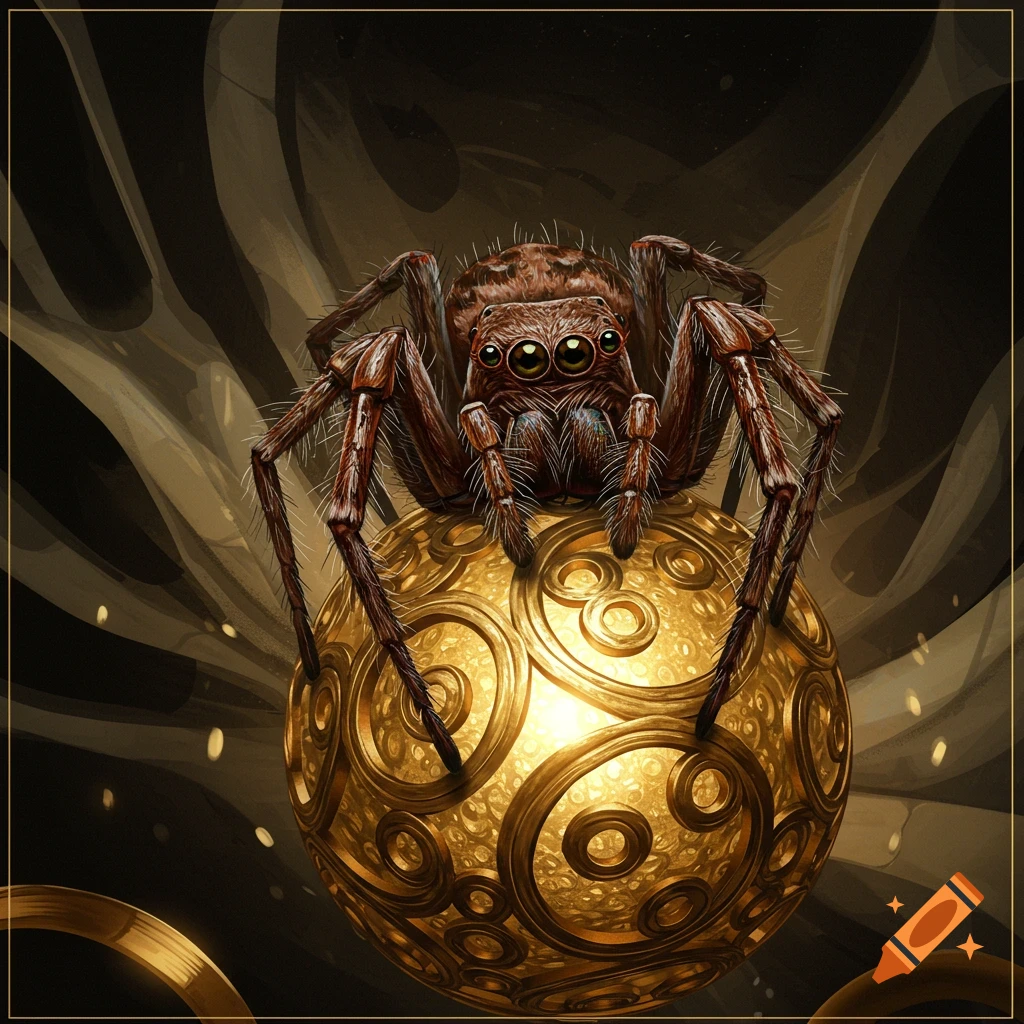 A close-up illustration of a detailed brown spider sitting on a large golden sphere with intricate spiral patterns. The background is dark and smoky.