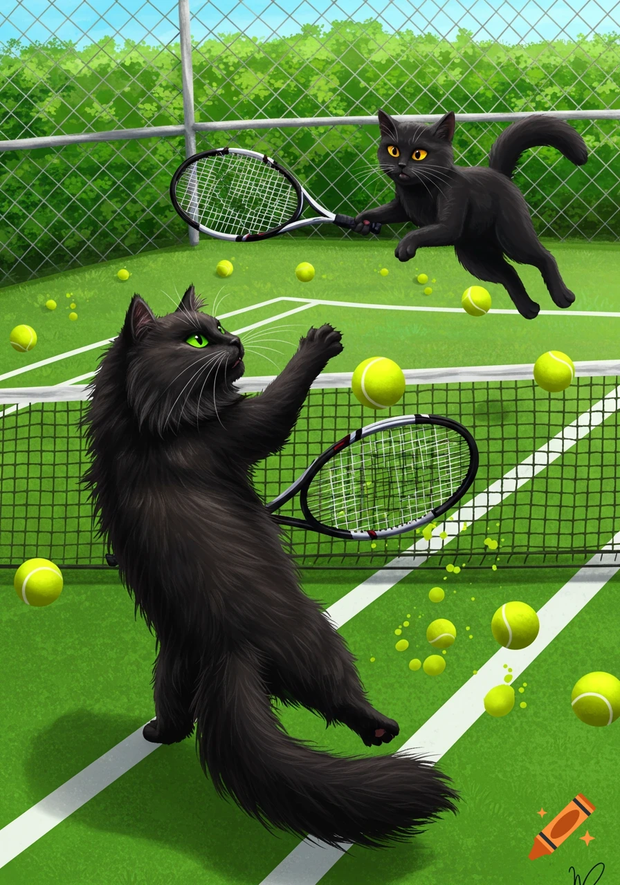 Illustration of two black cats playing tennis on a green court.