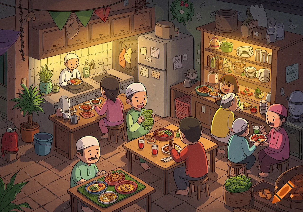 Illustration of people eating together in a kitchen at night.