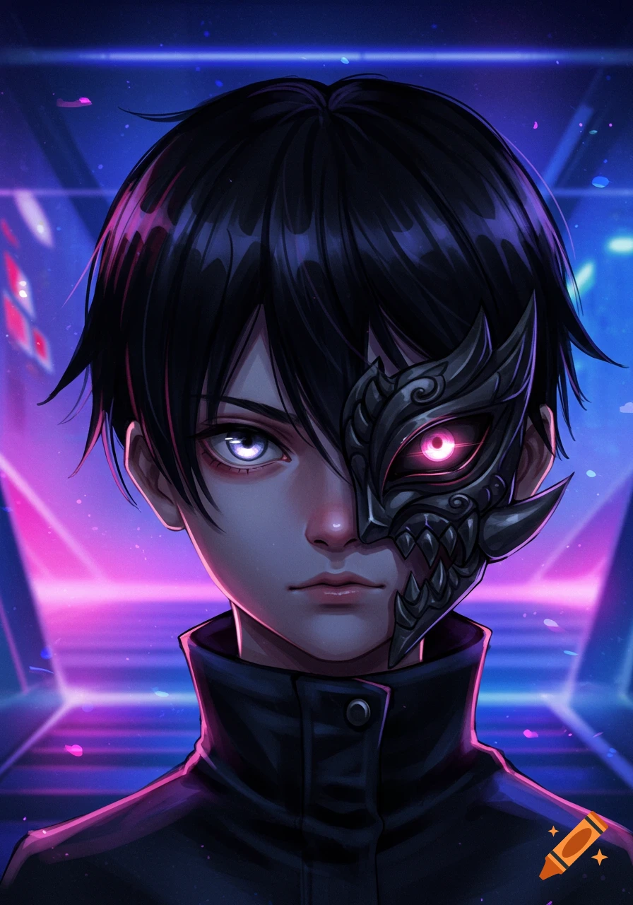 Anime boy with black hair, white eye, and a demonic mask with a glowing red eye, in a neon-lit background.