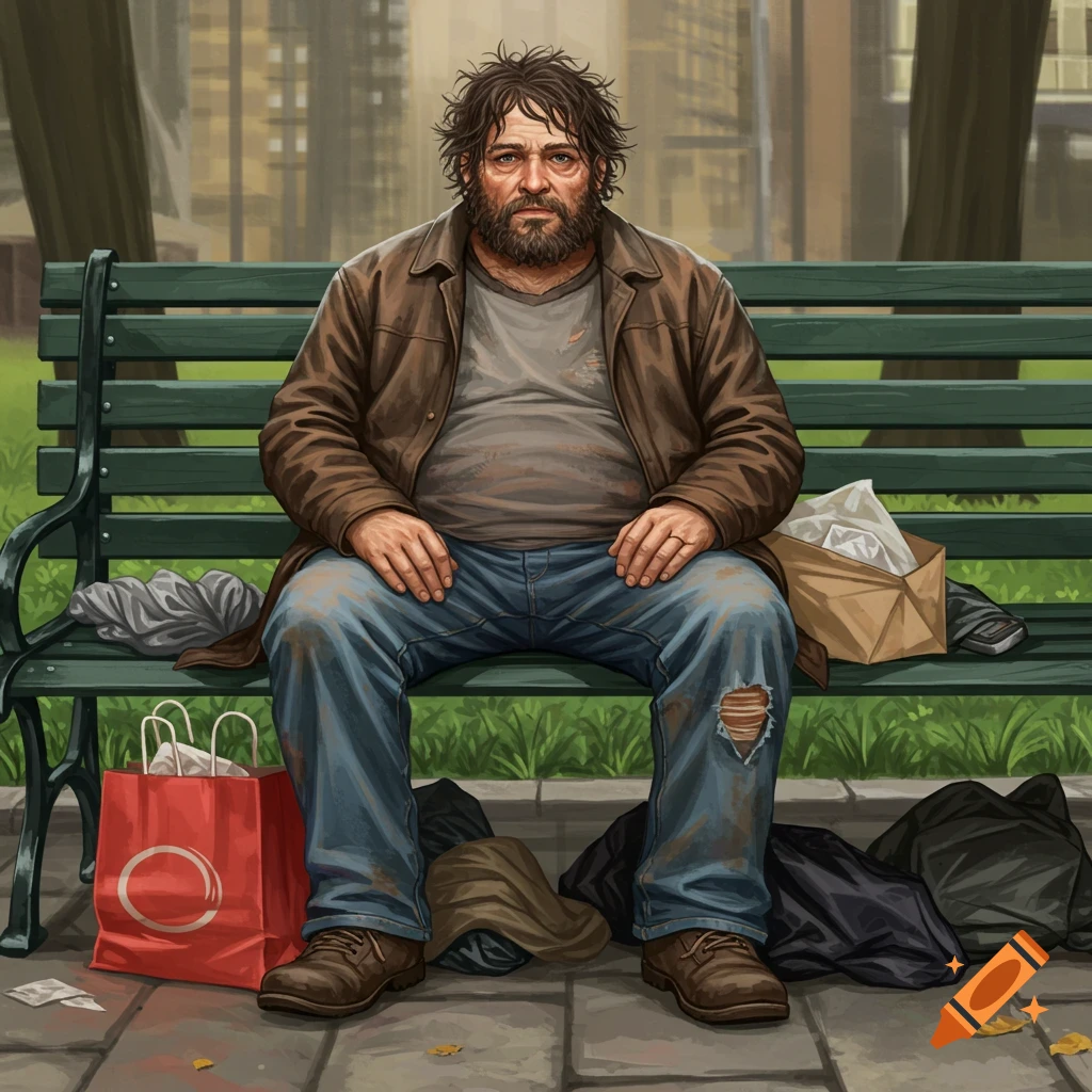 A man sitting on a park bench with bags of belongings.