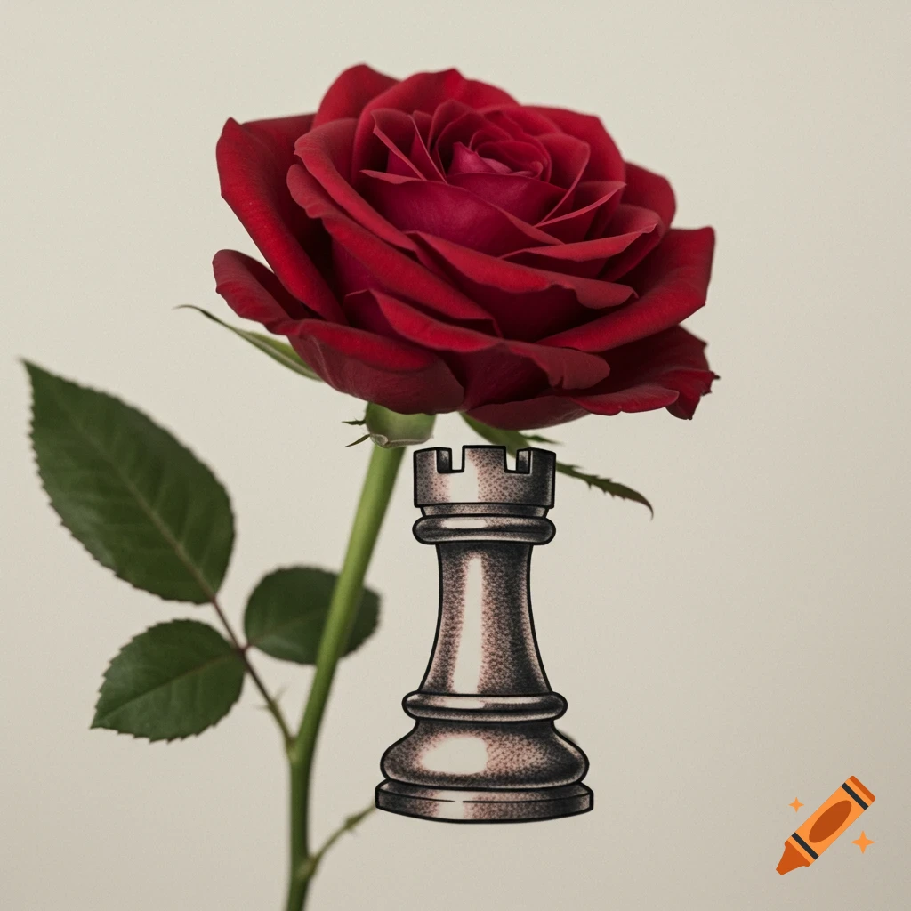 A red rose behind a black chess rook piece illustration.