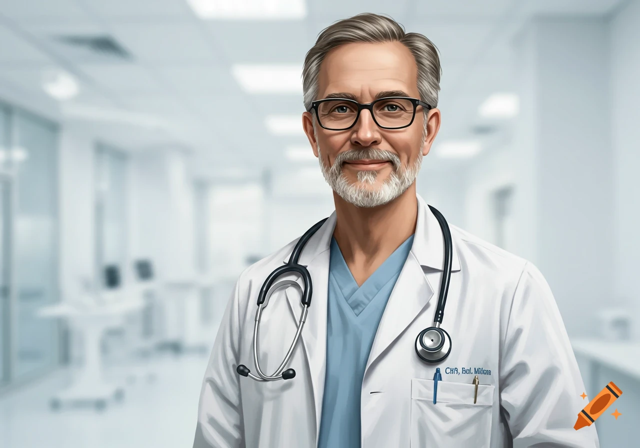 A smiling male doctor with glasses and a stethoscope is in a hospital.