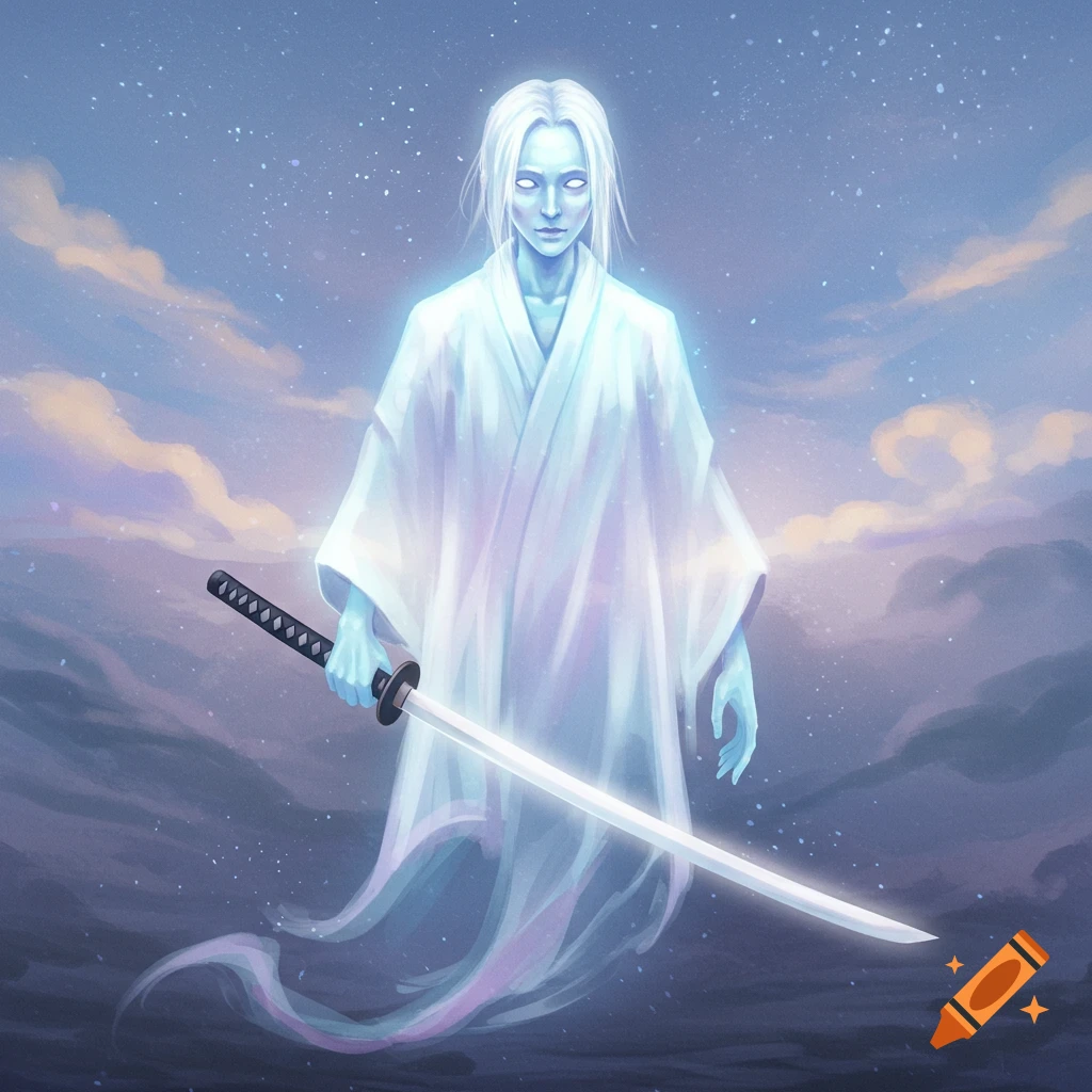A digital painting of an ethereal ghost in a white robe holding a katana against a starry sky.