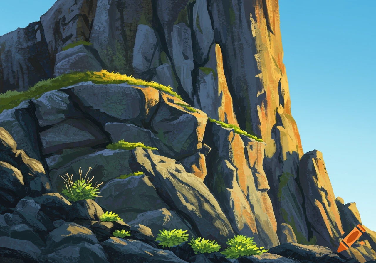 A rocky cliff face illuminated by sunlight with green vegetation.