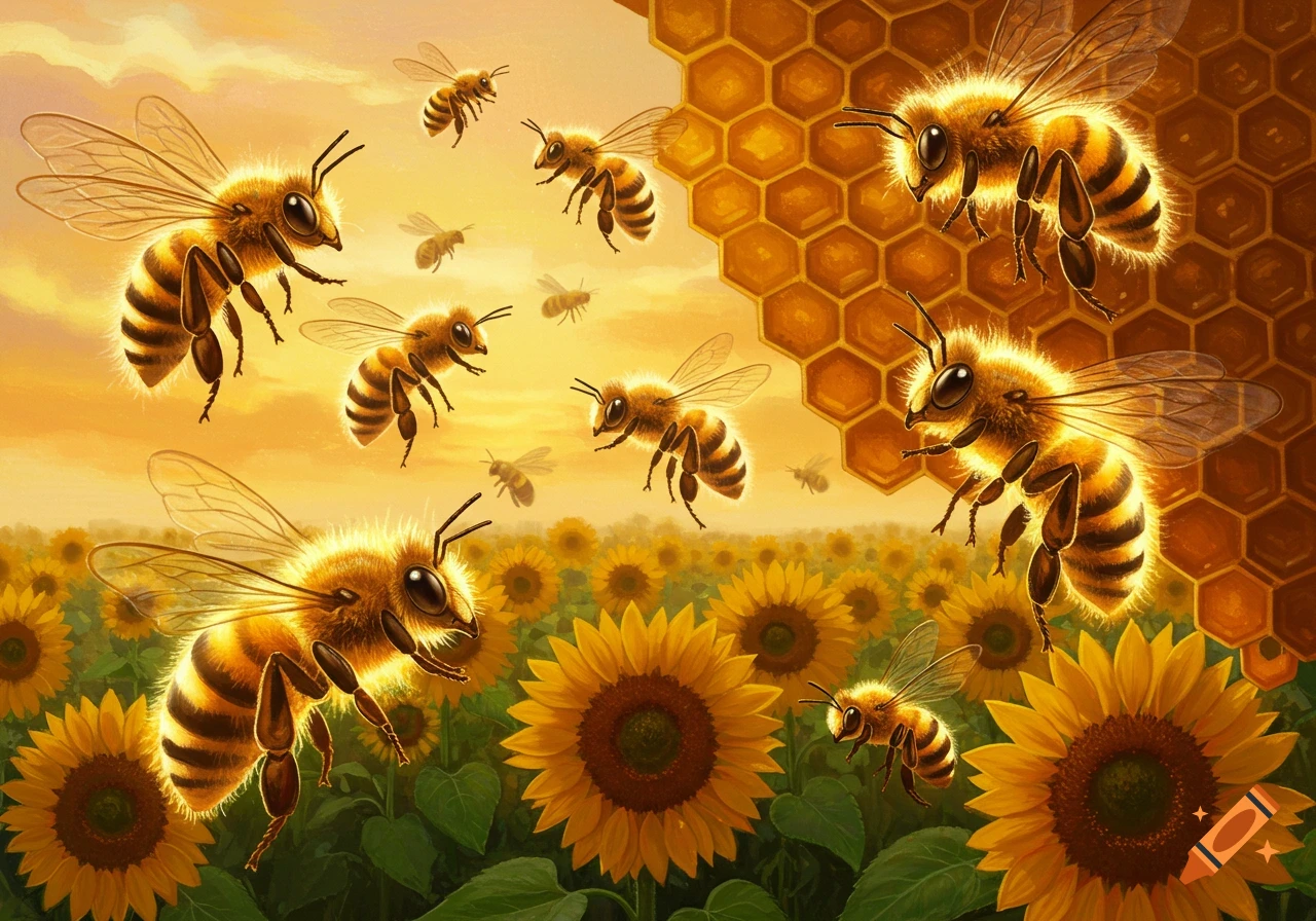 Digital painting of bees flying over a field of sunflowers with honeycomb at sunset.