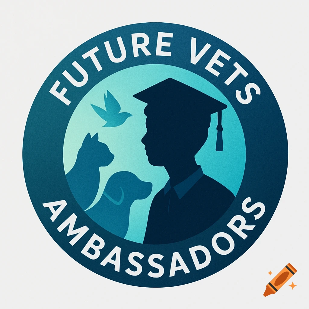 Logo with silhouettes of a student, cat, dog, and bird, text 'FUTURE VETS AMBASSADORS'.