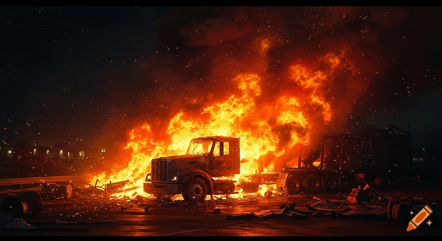 A large truck is engulfed in flames at night with debris scattered around.