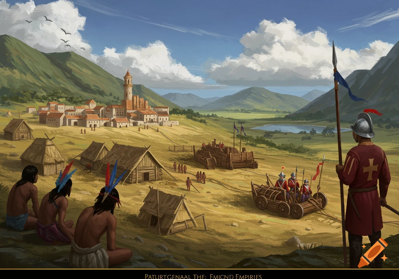 A historical landscape with a European town, native village, soldiers, and figures.