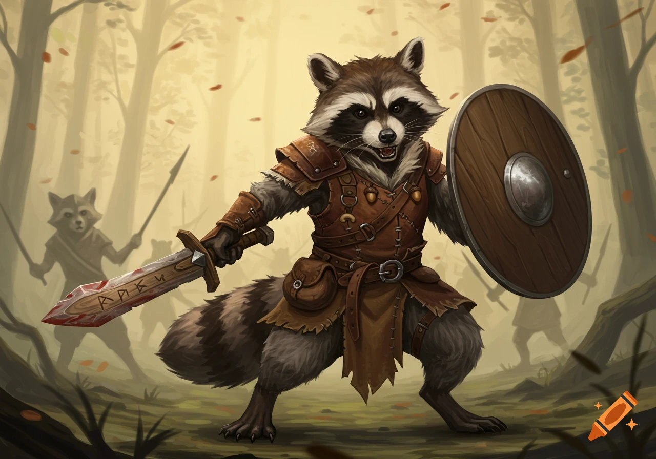 Anthropomorphic raccoon warrior in leather armor with sword and shield in a forest.