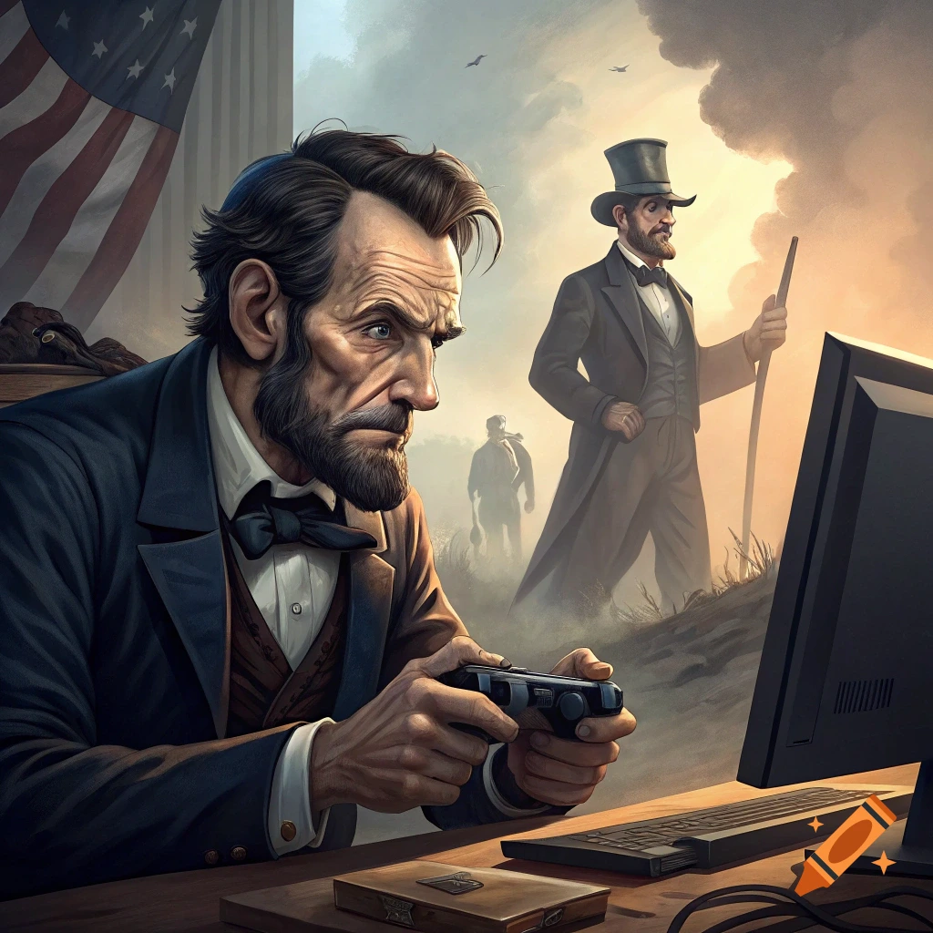 Abraham Lincoln playing Fortnite with John Wilkes Booth lurking in background, a historical twist on modern gaming concept illustration. Mixed media incorporating historical figures and modern gaming elements, creating a visually engaging composition. A concept art that blends history with gaming culture, sparking curiosity and reflection on the juxtaposition of eras and events. A creative blend of historical and gaming elements in one image. The composition and characters' expressions are vital...