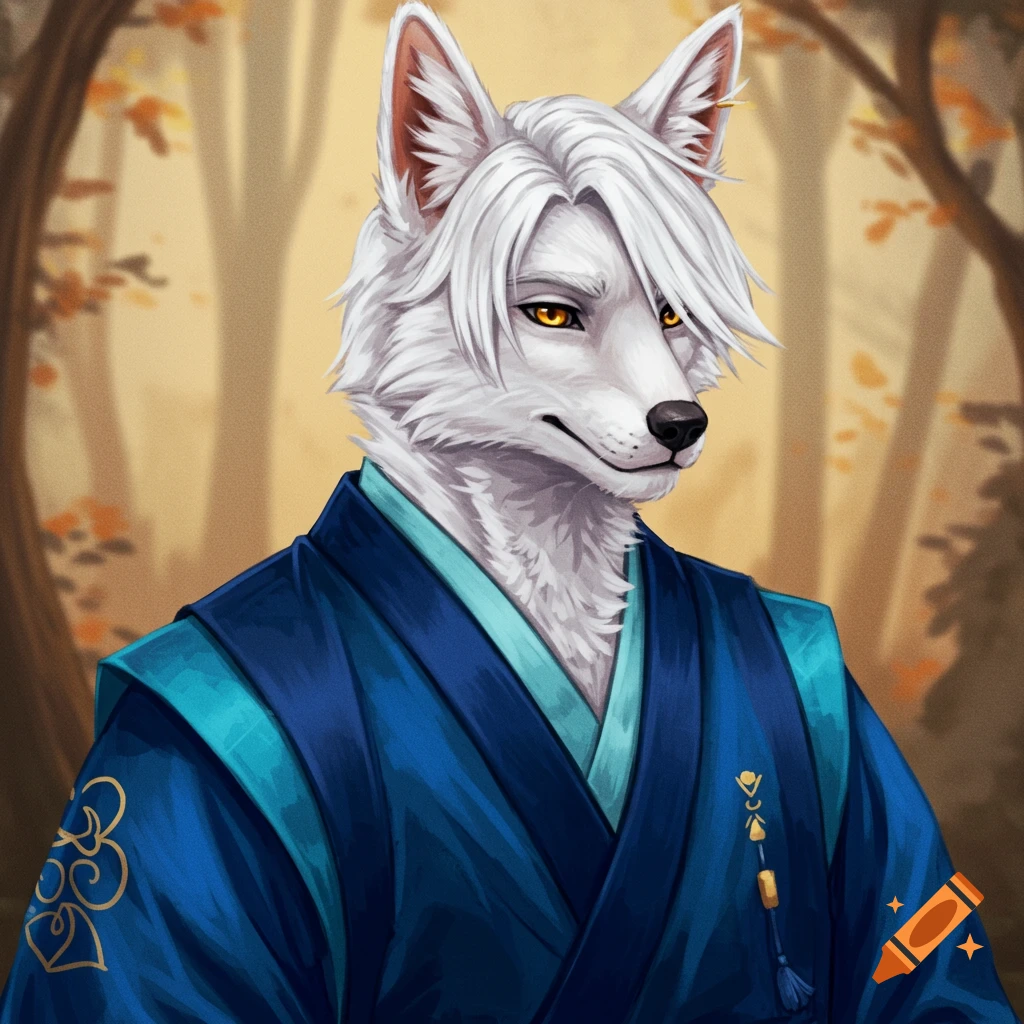A white wolf-like furry character in a blue and dark blue kimono against a forest background.
