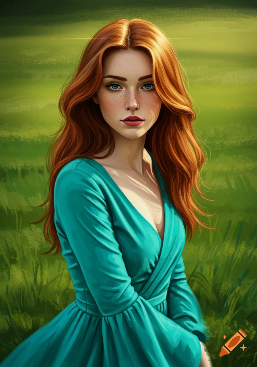 a woman with red hair in a teal dress in a field.