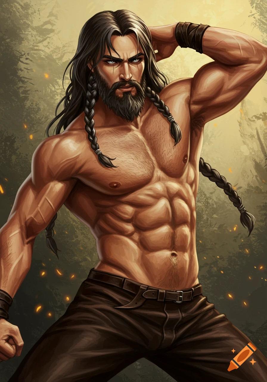 Image of a muscular man with a beard, long hair, and braids, posing.