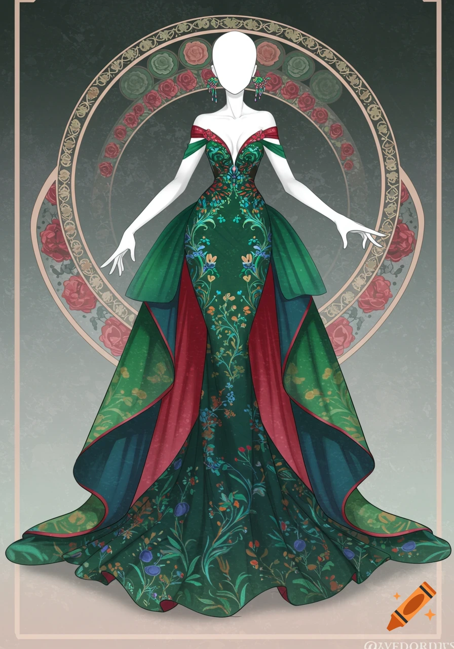 Digital illustration of an ornate green and red dress with floral patterns on a mannequin.