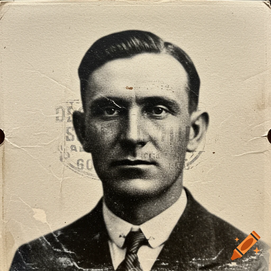 A grainy, aged black and white portrait of a man in a suit and tie, with a blurry stamp mark visible on the left.