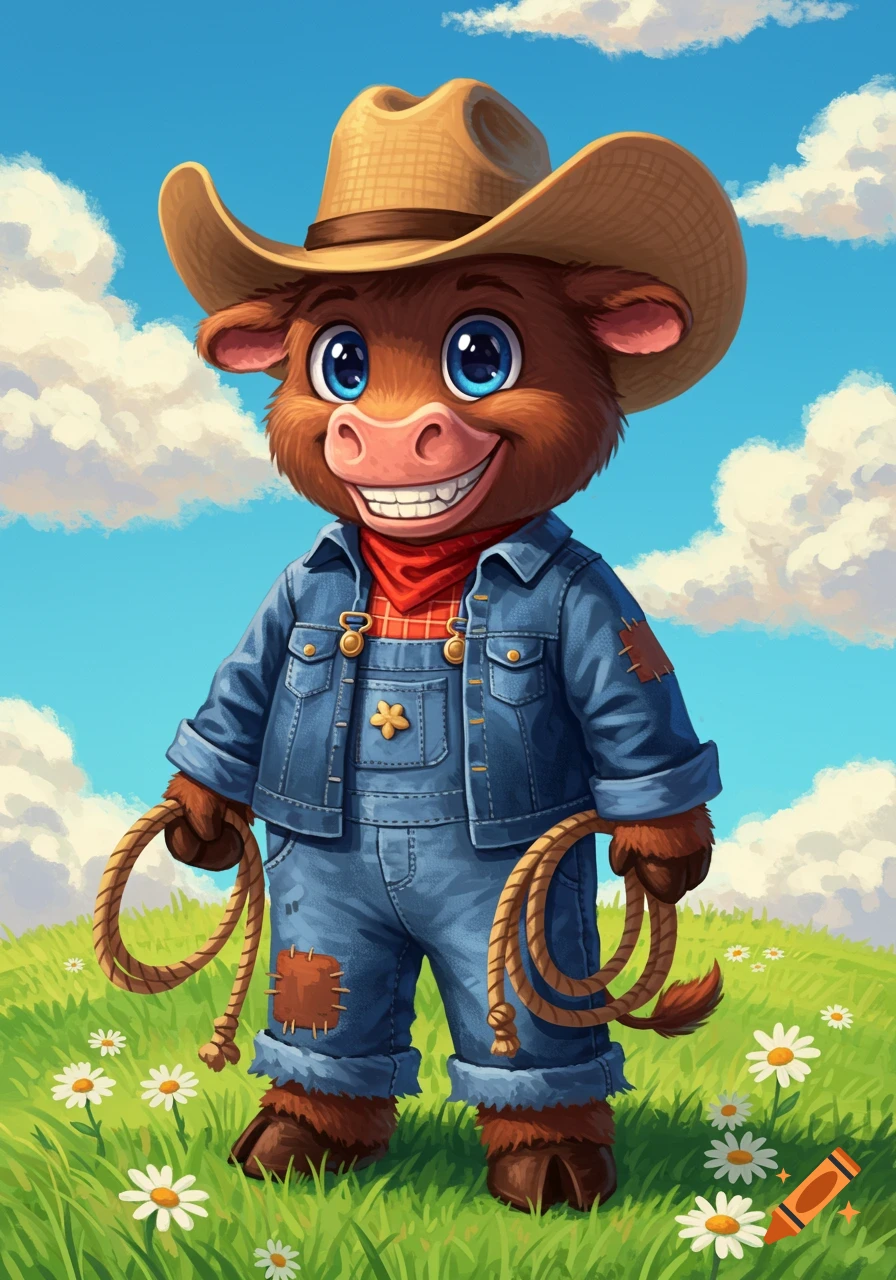 A cute cartoon cow dressed as a cowboy holding lassos in a grassy field under a blue sky.