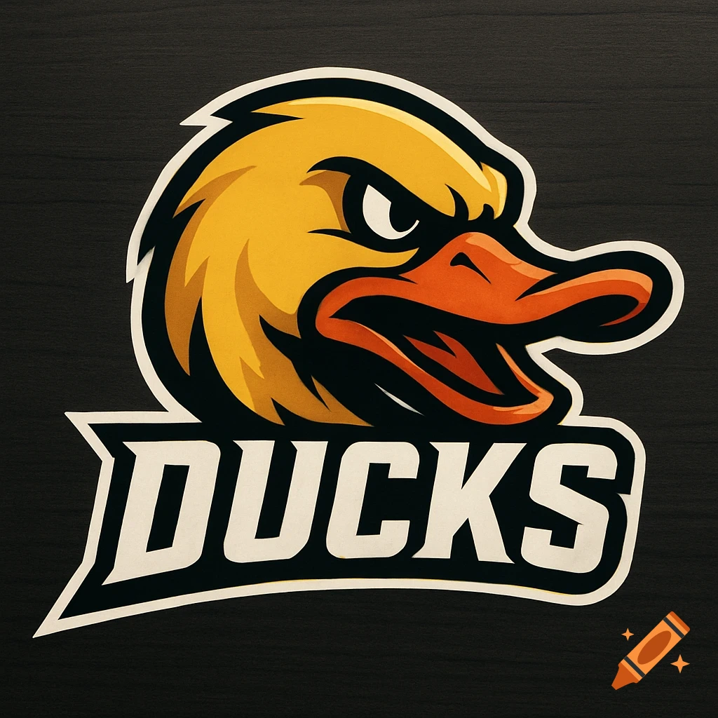 Stylized sports team logo featuring an aggressive yellow and orange duck head above the word DUCKS.