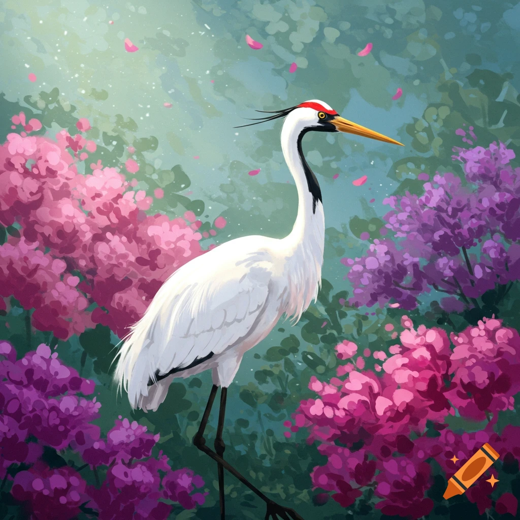 A white crane stands among pink and purple flowers.