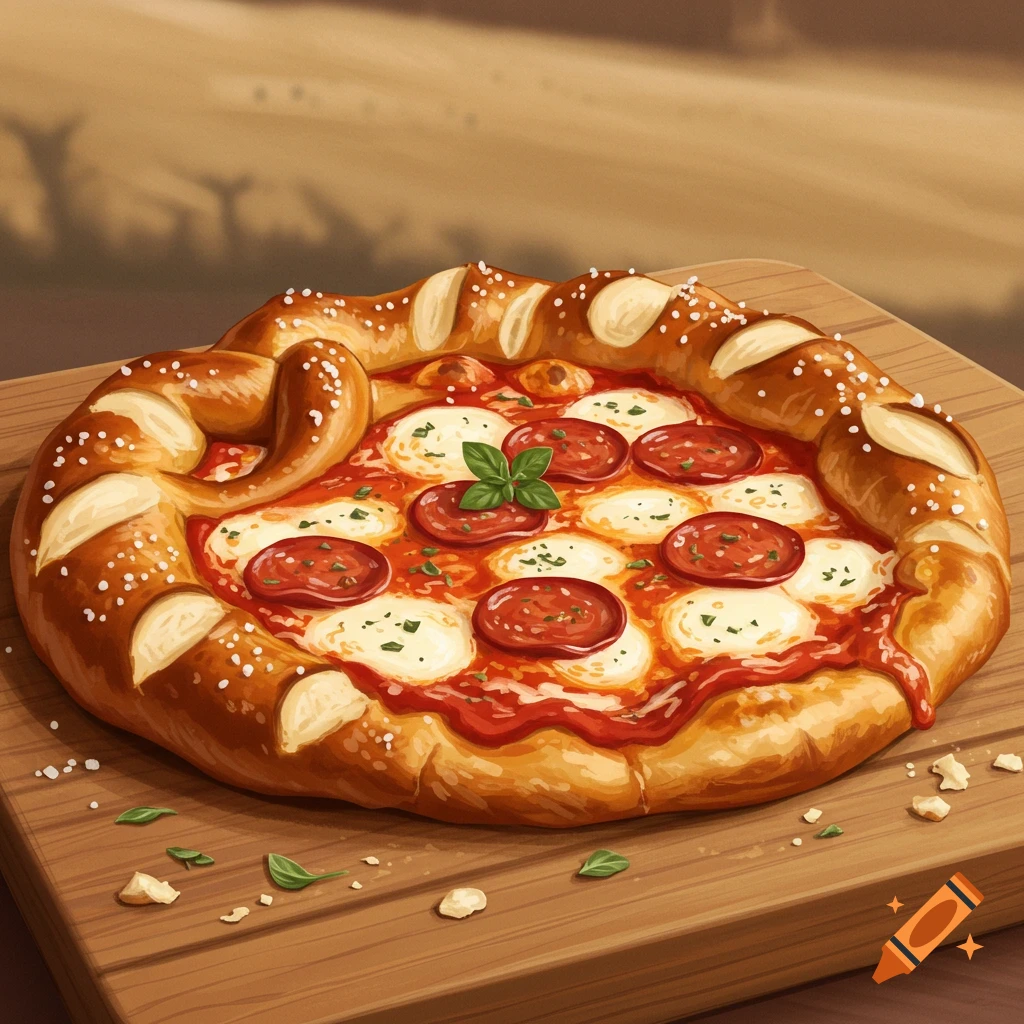 Pizza with a pretzel crust on a wooden board.
