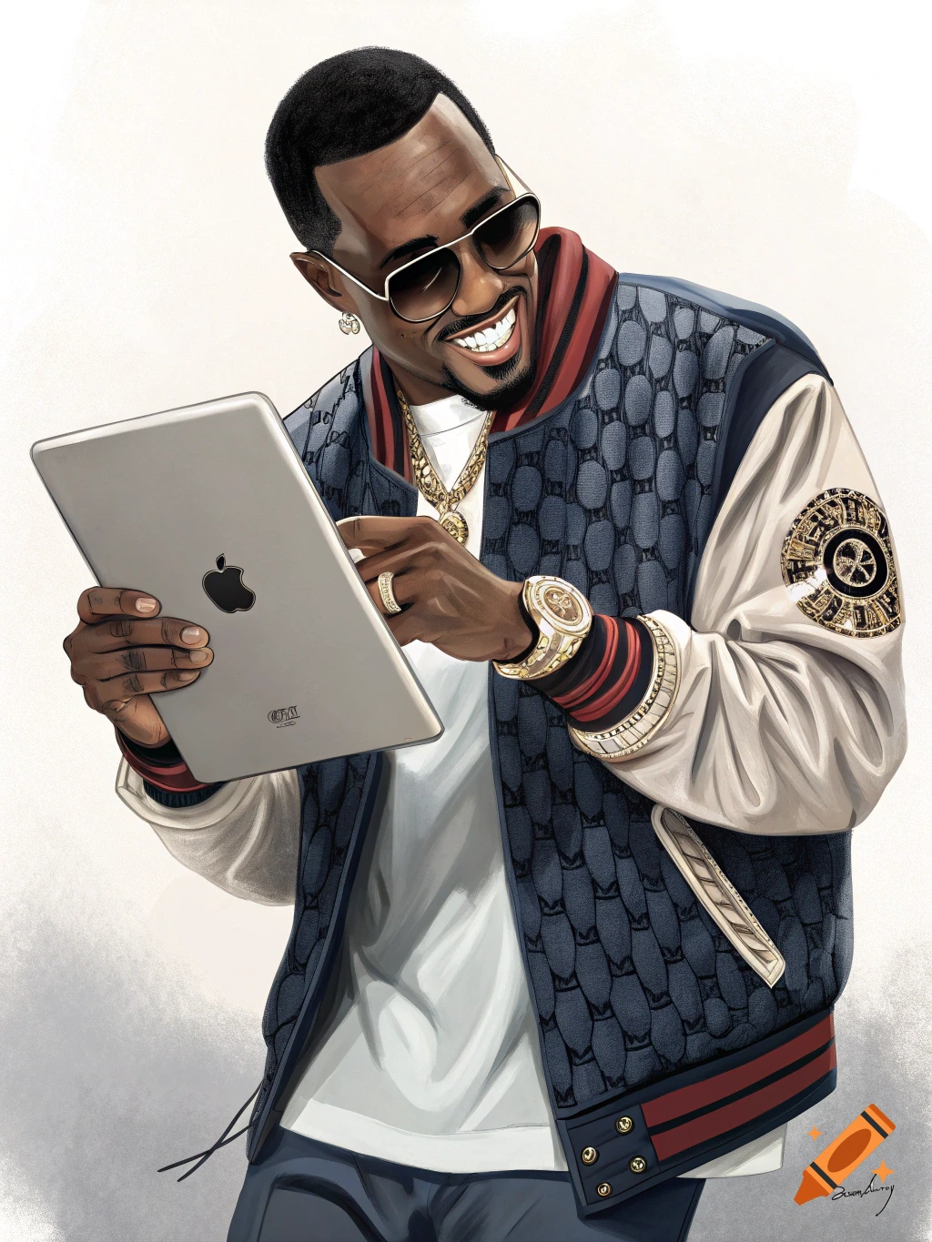 Illustration of Diddy smiling and looking at an iPad while wearing a bomber jacket and jewelry.