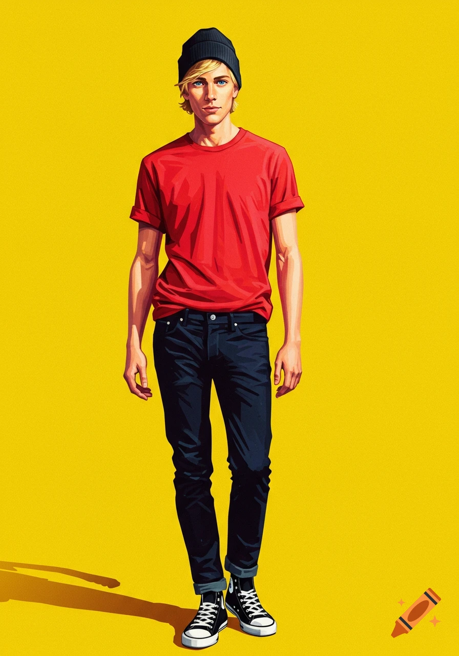 A man in a red t-shirt, navy jeans, black beanie, and black converse against a yellow background.