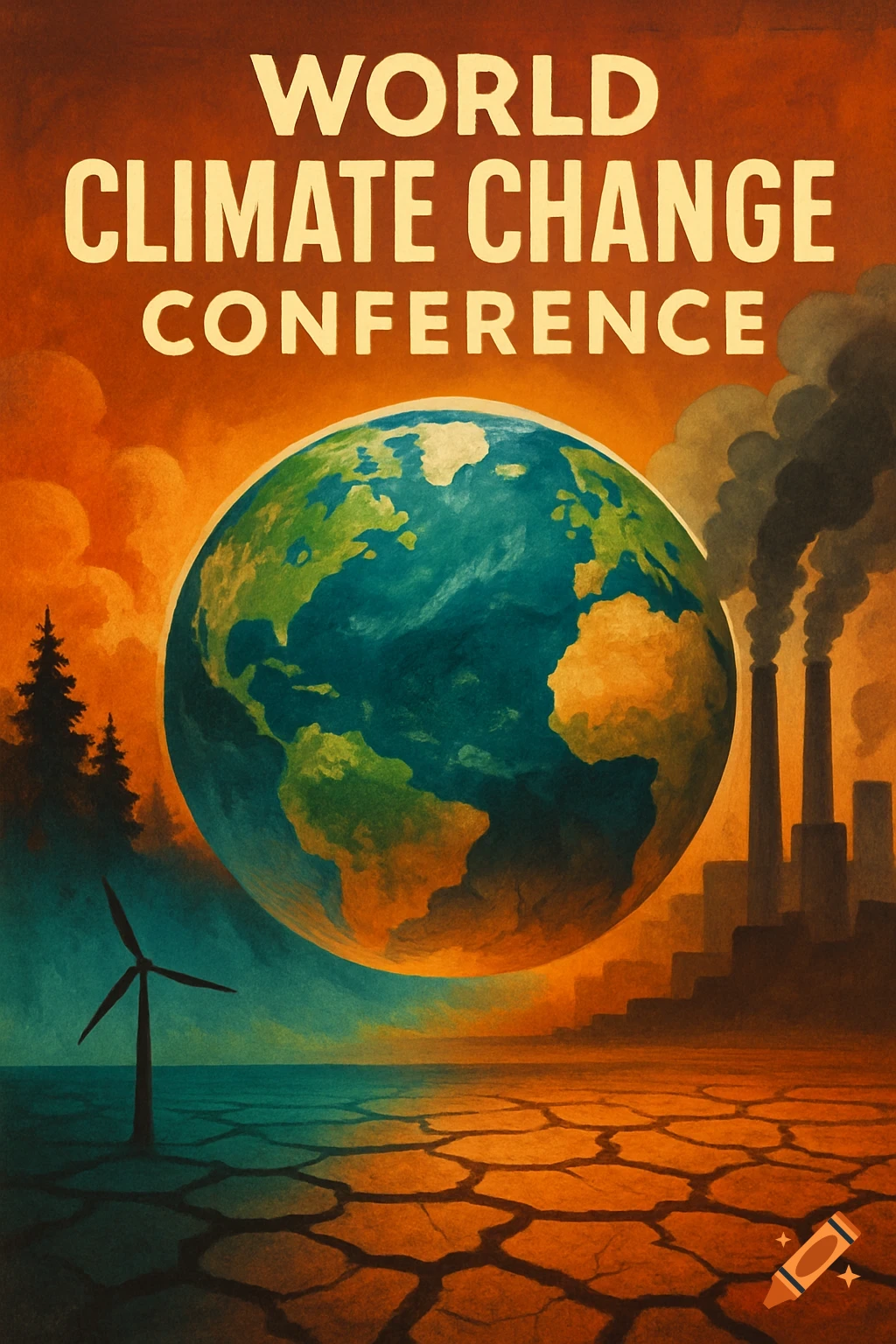 Poster with Earth over cracked ground, showing pollution stacks and wind turbine. Text reads WORLD CLIMATE CHANGE CONFERENCE.