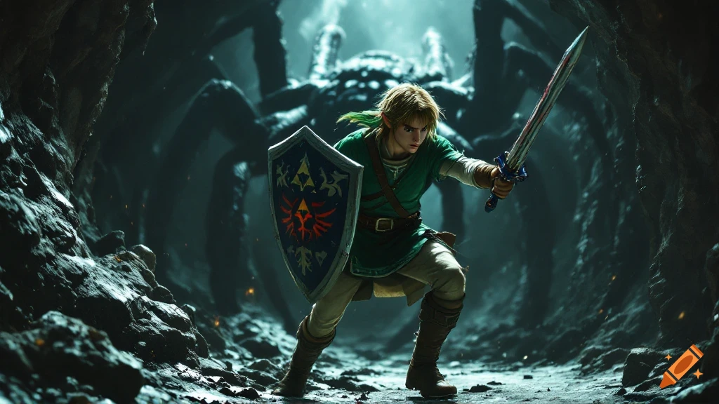 Link fighting a giant spider in a dark cavern.