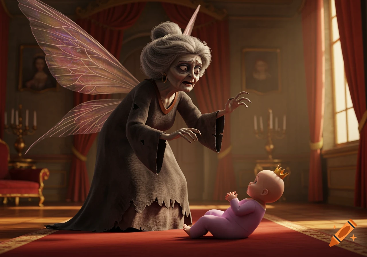 A 3D render of an old fairy with wings and tattered robes looming over a baby princess in a lavish room.