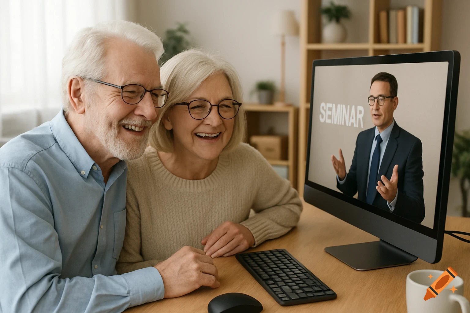 A senior couple smiles while watching a seminar on a computer monitor. Photorealistic style.