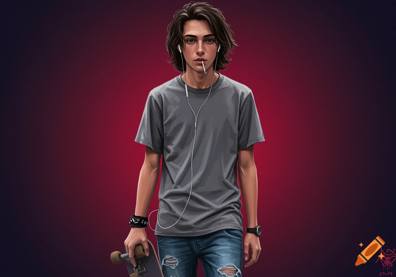 A young man with earbuds, grey t-shirt, ripped jeans, holding a skateboard.