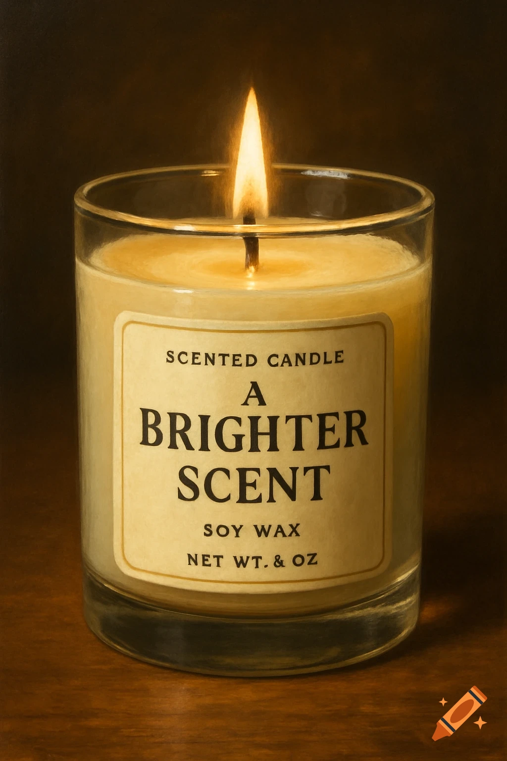 A digital painting of a lit candle in a glass jar with a label that reads "A BRIGHTER SCENT".