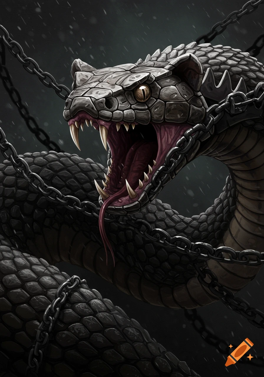 A fearsome snake with stone-like scales is wrapped in chains, mouth open showing sharp fangs and a tongue.