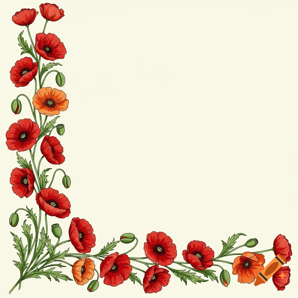 Corner border design with red and orange poppies.