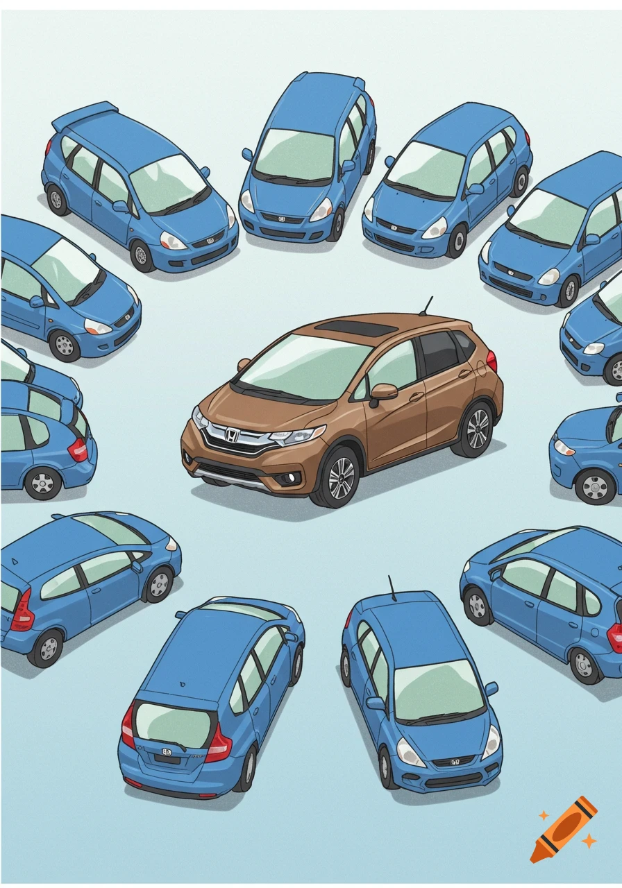 A brown Honda CRV is surrounded by blue Honda Fit cars.
