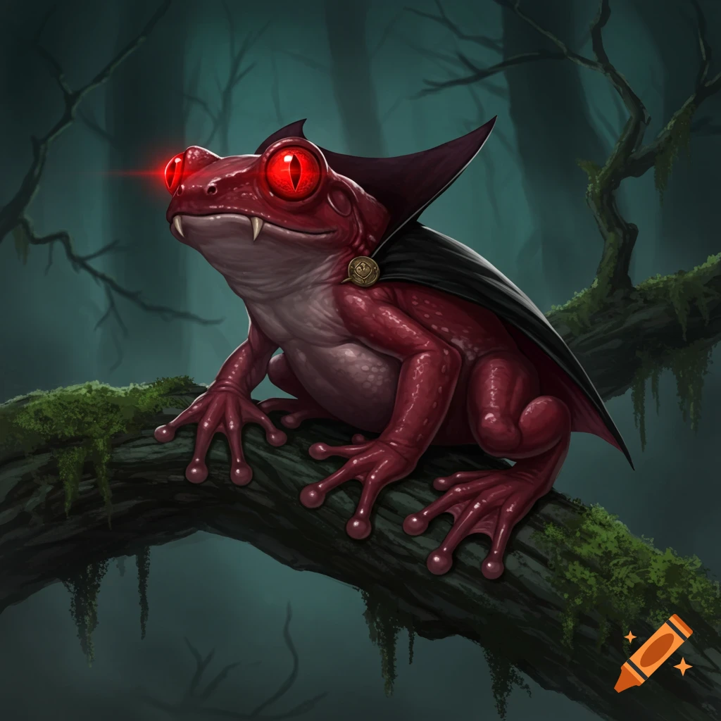 A red vampire frog with glowing eyes sits on a mossy branch in a dark forest.