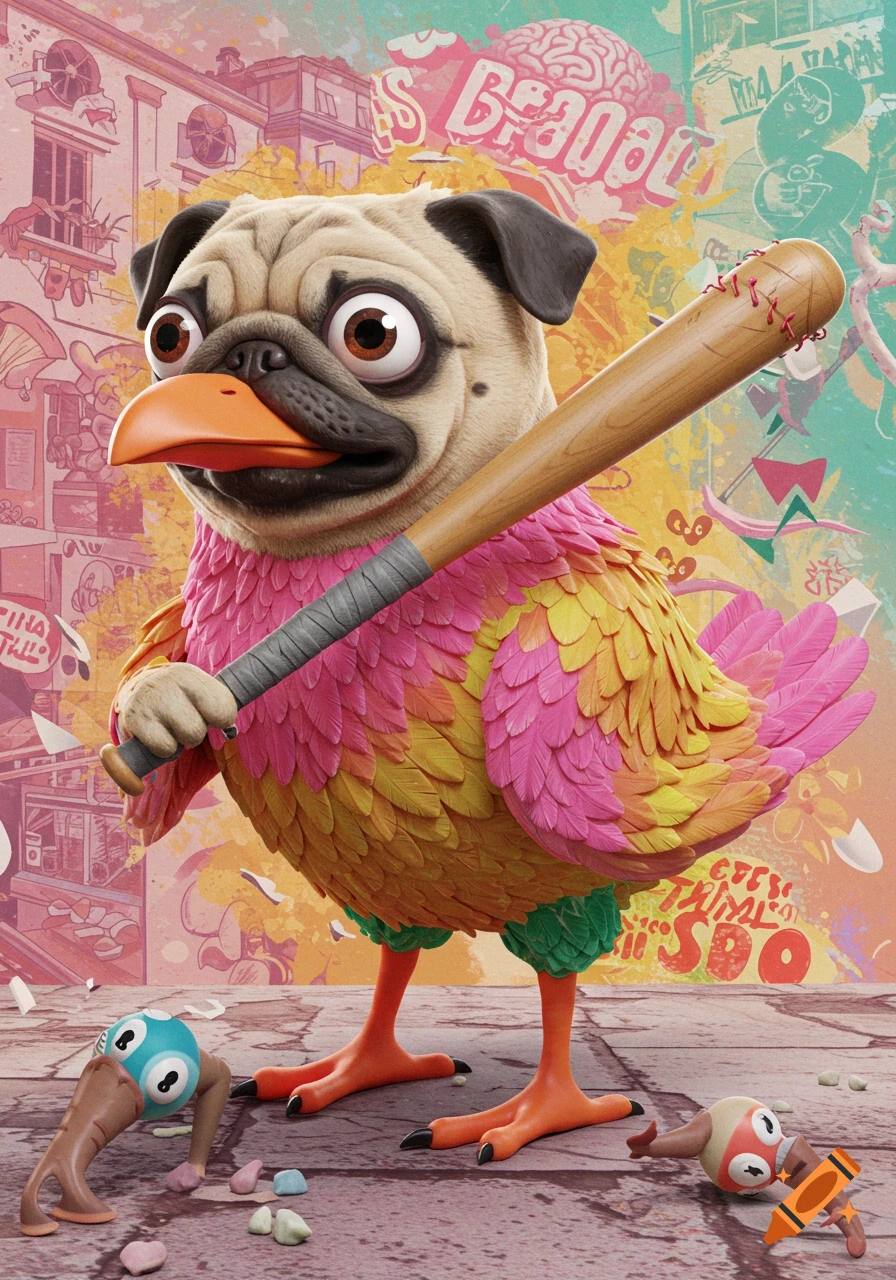 A 3D illustration of a pug-headed bird with colorful feathers holding a baseball bat, standing on a street.