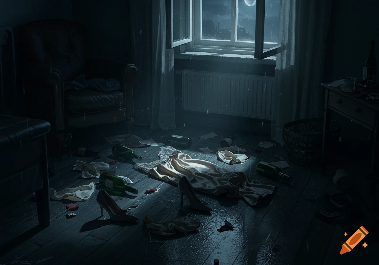 Dark image of an apartment floor with scattered clothes, wine bottles, and shoes under a window during a rainy night.