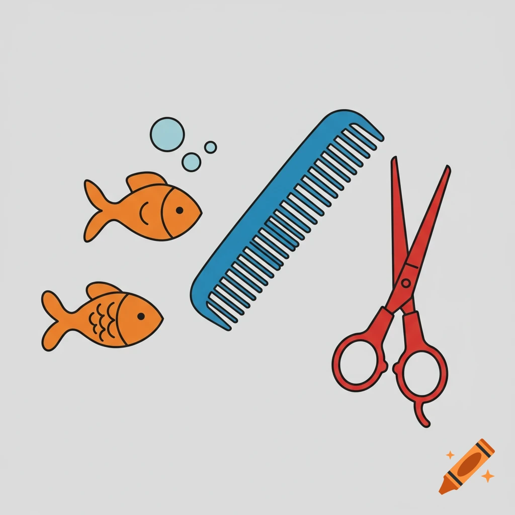 Illustration of two orange fish, a blue comb, and red scissors on a grey background.