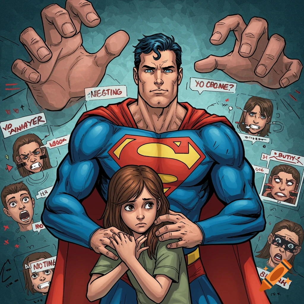 Comic book style illustration of Superman shielding a girl from distorted faces and gibberish text.