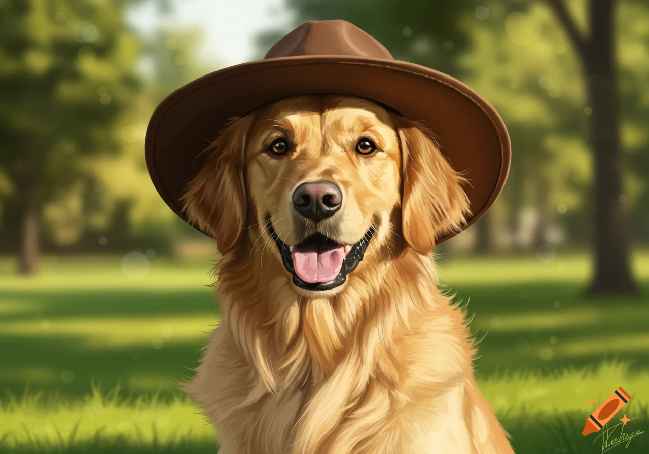A Golden Retriever dog wearing a brown hat sits happily in a park, depicted in a painting style.