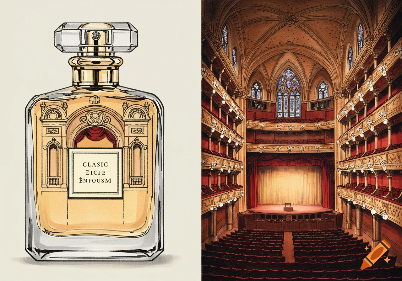 Illustrated split image of a perfume bottle designed like a theatre facade and a theatre interior.