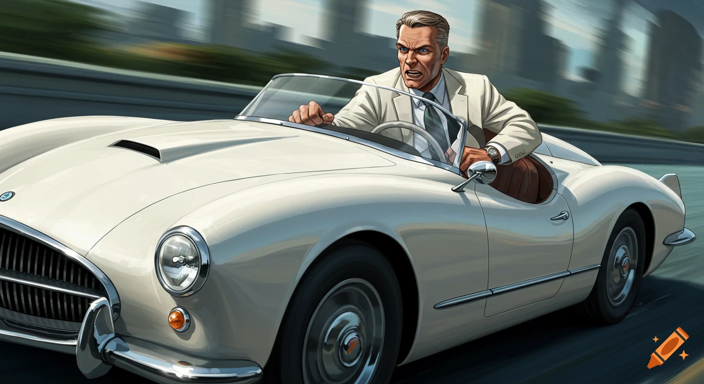 Art Deco illustration of a determined man driving a white roadster at speed