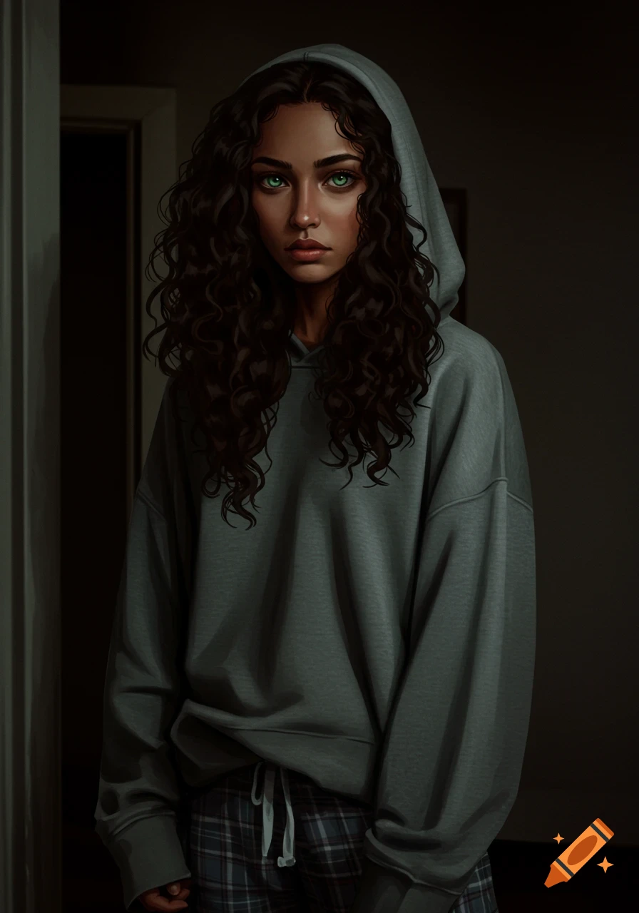 A young woman with green eyes and curly hair is wearing a grey hoodie and plaid pants in a dark room.