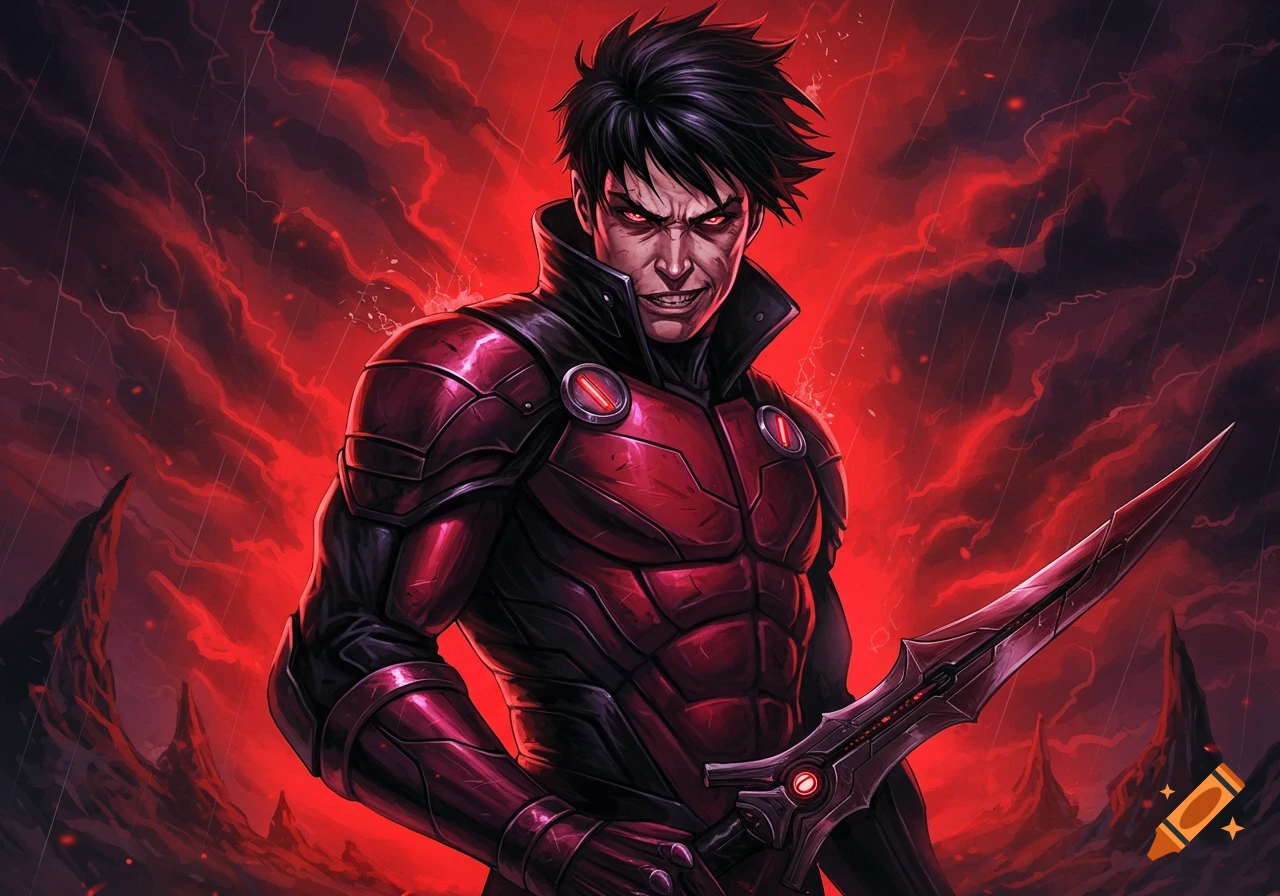 A villainous man in red armor holds a sword against a stormy red sky.