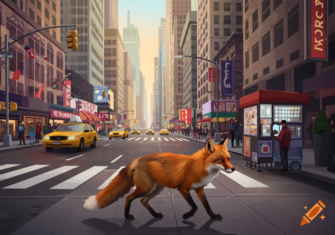 A stylized fox crosses a New York City street with yellow taxis and tall buildings.