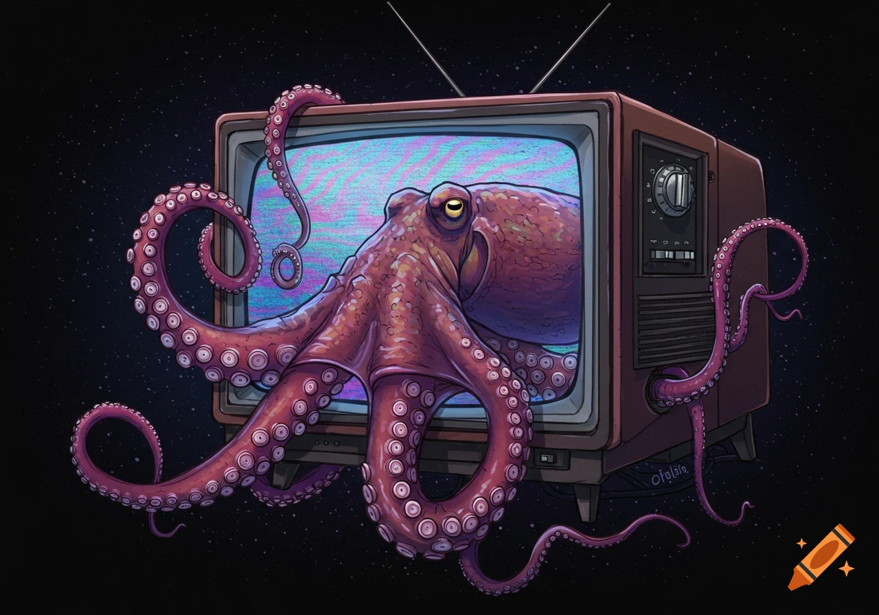 A purple octopus emerges from the static-filled screen of a vintage television set floating in space, digital painting.