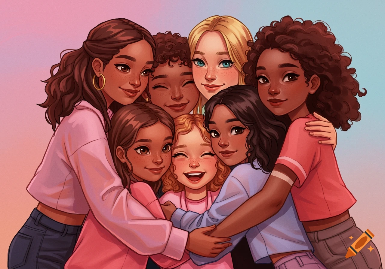 Illustration of several young girls/women with diverse appearances hugging.